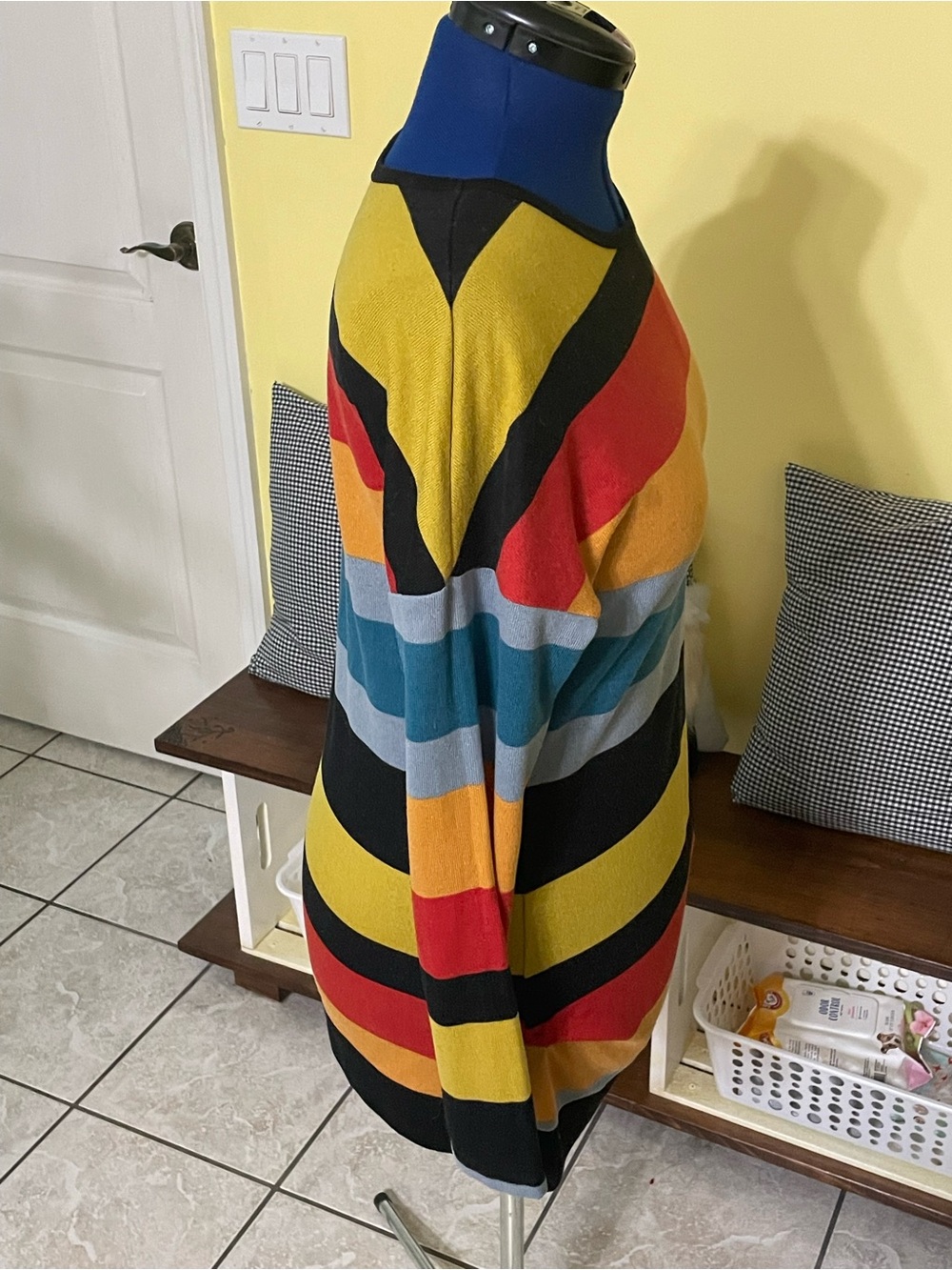 Striped Multicolor Crewneck Sweater w/Faux Button Detail - Picture 3 of 13